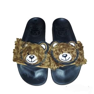 Moschino Couture Black Fuzzy Teddy Bear Slides Sandals Sz 39